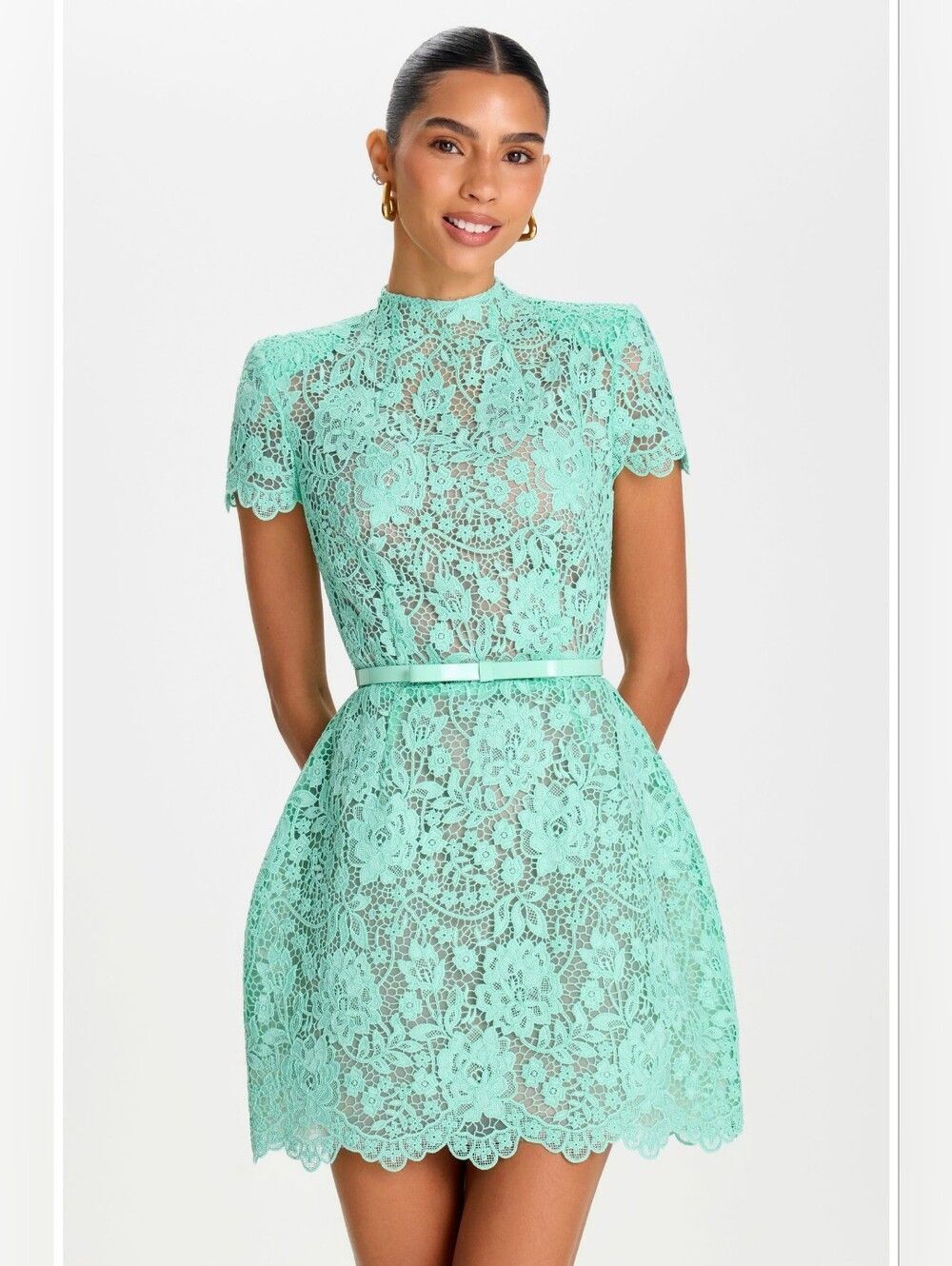 NADINE MERABI Milly Mint Lace Mini dress with Belt Size Medium
